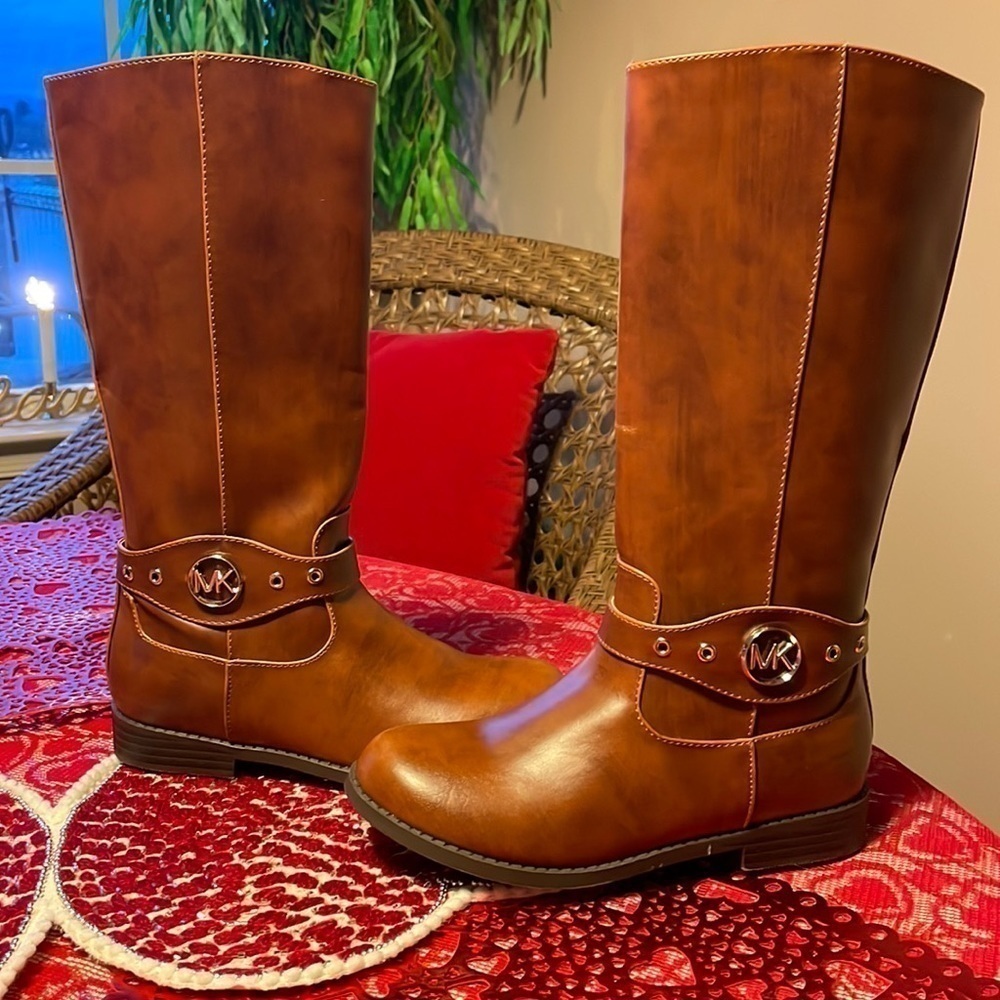 Brand New Michael Kors Girls Emma Heather Zippered Tall Riding Boots in Cognac